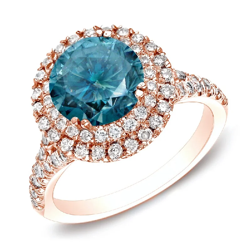 Ladies affordable diamond engagement rings-Auriya 14k Rose Gold 1 5/8ct TDW Blue Diamond Double Halo Engagement Ring