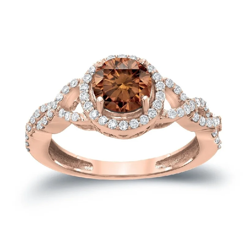 Ladies halo engagement rings-Auriya 1 3/8ctw Twisted Split Shank Halo Brown Diamond Engagement Ring 14kt Gold