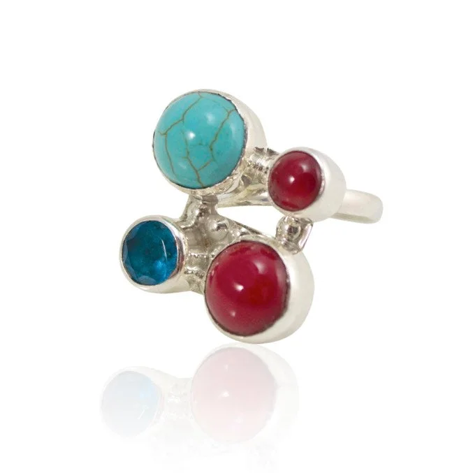 Ladies silver rings-Turquoise and Coral Adjustable Silver Ring from Taxco, Mexico