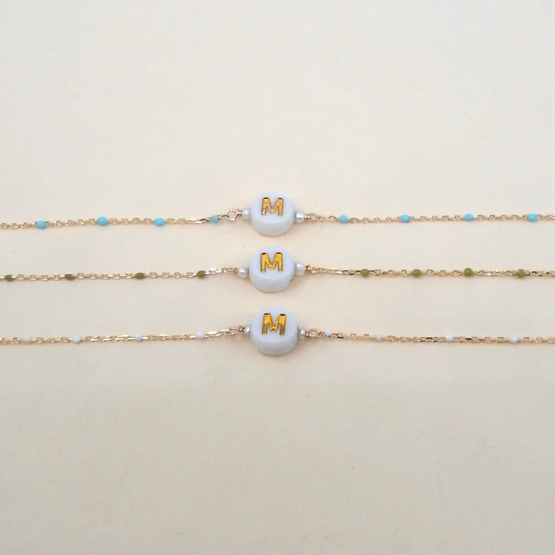 Ladies wraparound bracelets-Enamel & Gold Bead Initial Bracelets Wholesale