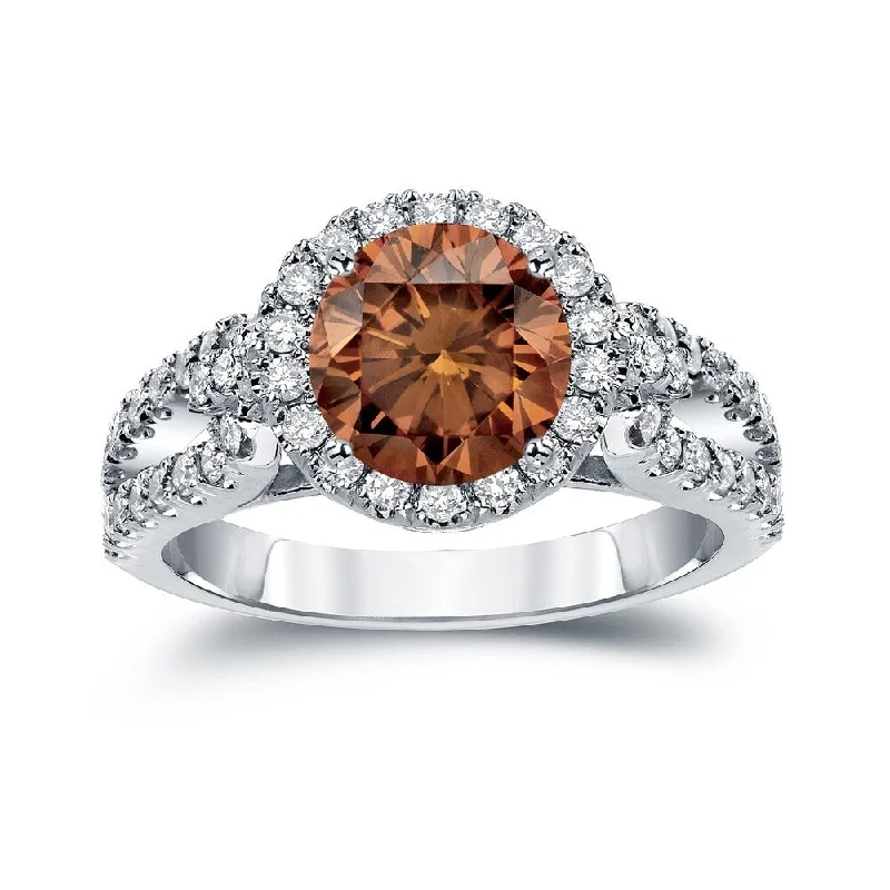 Ladies rose gold engagement rings-Auriya Round 2 1/3ctw Halo Brown Diamond Engagement Ring 14k Gold