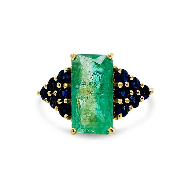 Ladies anniversary rings-Paraiba Tourmaline Rectangle & Blue Sapphire Round Ring In 18K Yellow Gold