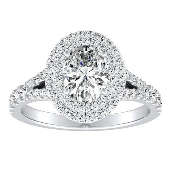 Ladies personalized engagement rings-Oval Shape Halo Diamond Engagement Ring 3/4ctw Platinum by Auriya