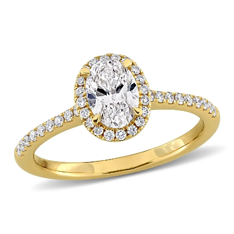 Ladies modern solitaire engagement rings-Created Forever by Miadora 1ct TW Oval Round-Cut Lab-Grown Diamond Halo Engagement Ring in 14k Yellow Gold