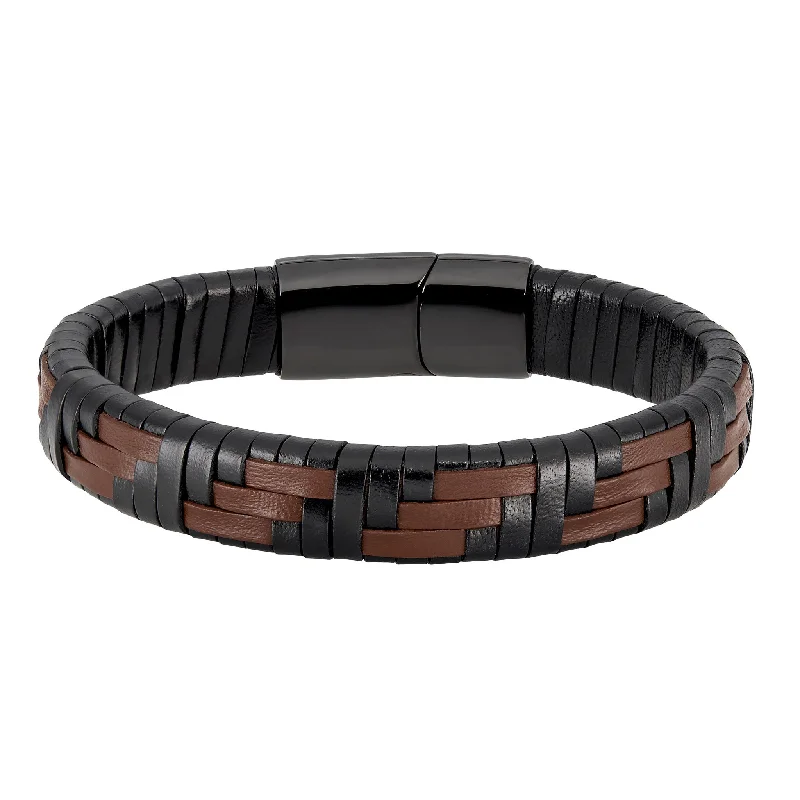 Ladies chain link bracelets-Black & Brown Basket Weave Leather & Stainless Steel Bracelet