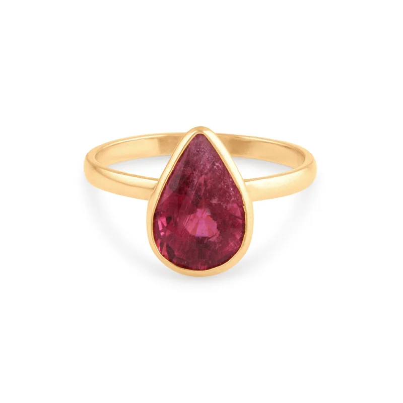 Ladies gold rings-Pink Tourmaline Pear Shape Ring In 18K Yellow Gold