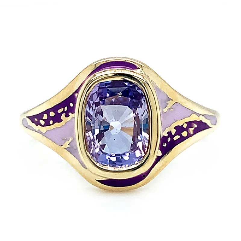 Ladies rose gold engagement rings-Purple Sapphire & Enamel Ring - "Purple Sgraffito Abstract"