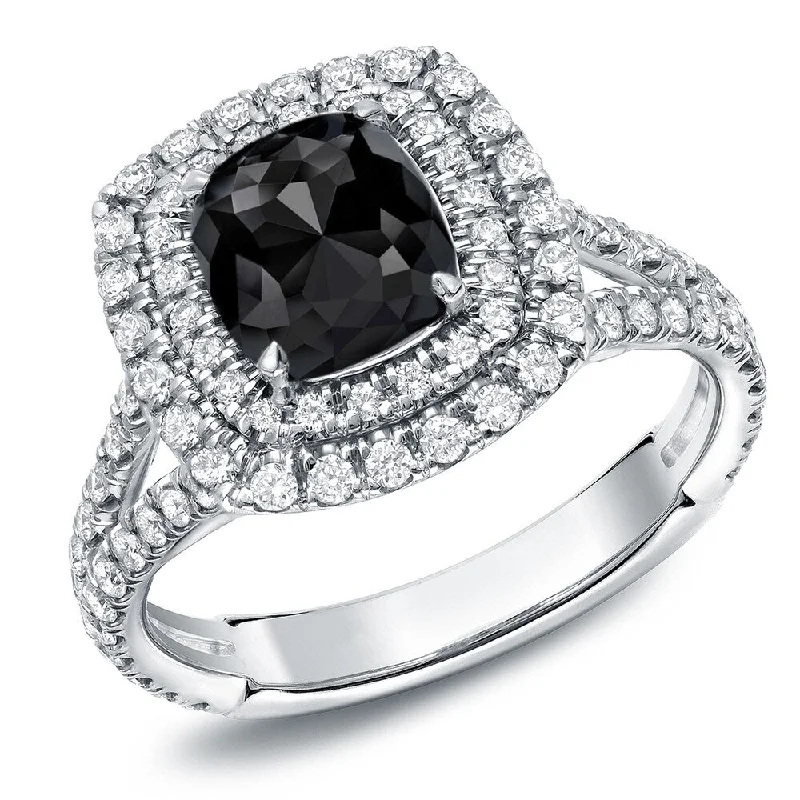 Ladies cushion cut diamond engagement rings-Auriya 18k Gold 2 1/2ctw Cushion-cut Double Halo Black Diamond Engagement Ring