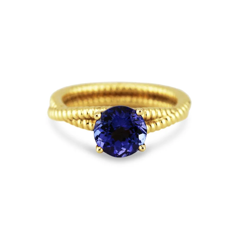 Ladies wedding rings-Tanzanite Round Ring In 18K Yellow Gold