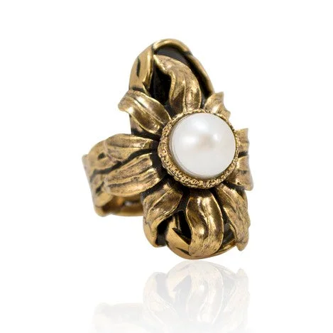 Ladies anniversary rings-Onyx and Pearl Statement Ring - Adjustable