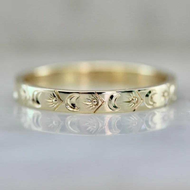 Ladies unique engagement rings-Eclipse Moon & Star Engraved Gold Band