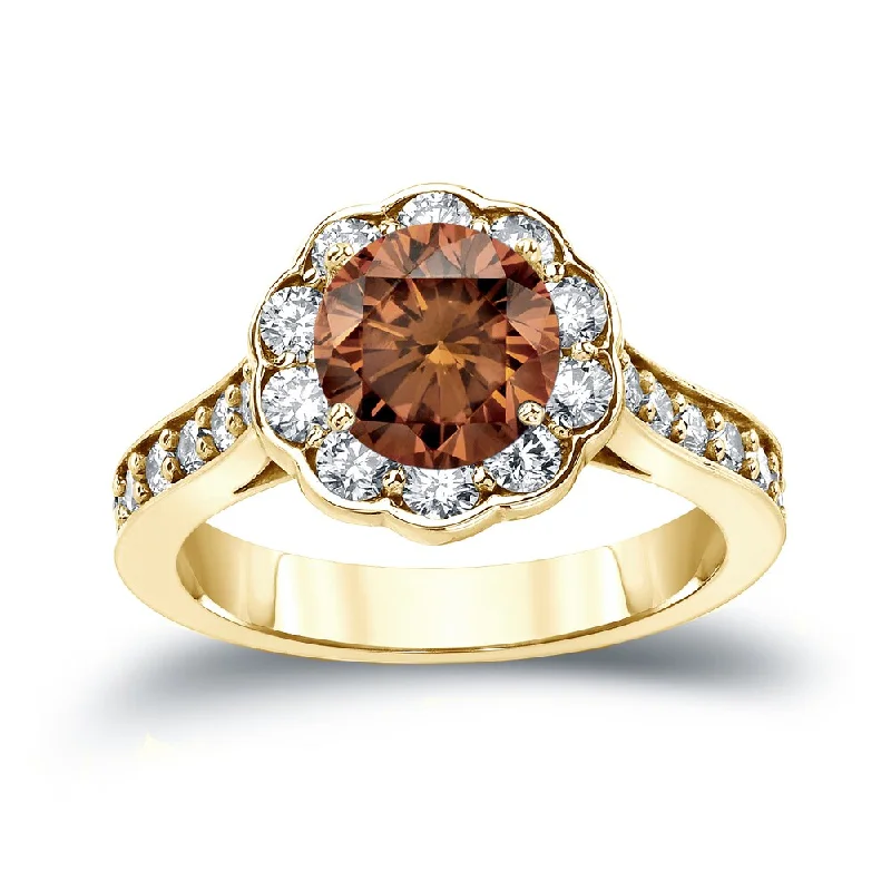 Ladies affordable engagement rings-14k Gold Round 1 3/4ct TDW Brown Diamond Halo Engagement Ring by Auriya