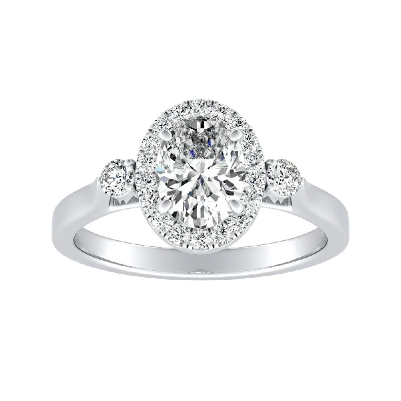 Ladies double halo engagement rings-3-stone Halo Oval Diamond Engagement Ring 1ctw 18k Gold by Auriya (I-J, I1-I2)