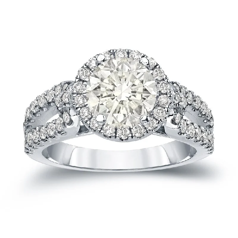 Ladies custom diamond engagement rings-14k Gold Round 1 1/2ct TDW Certified Diamond Halo Engagement Ring by Auriya