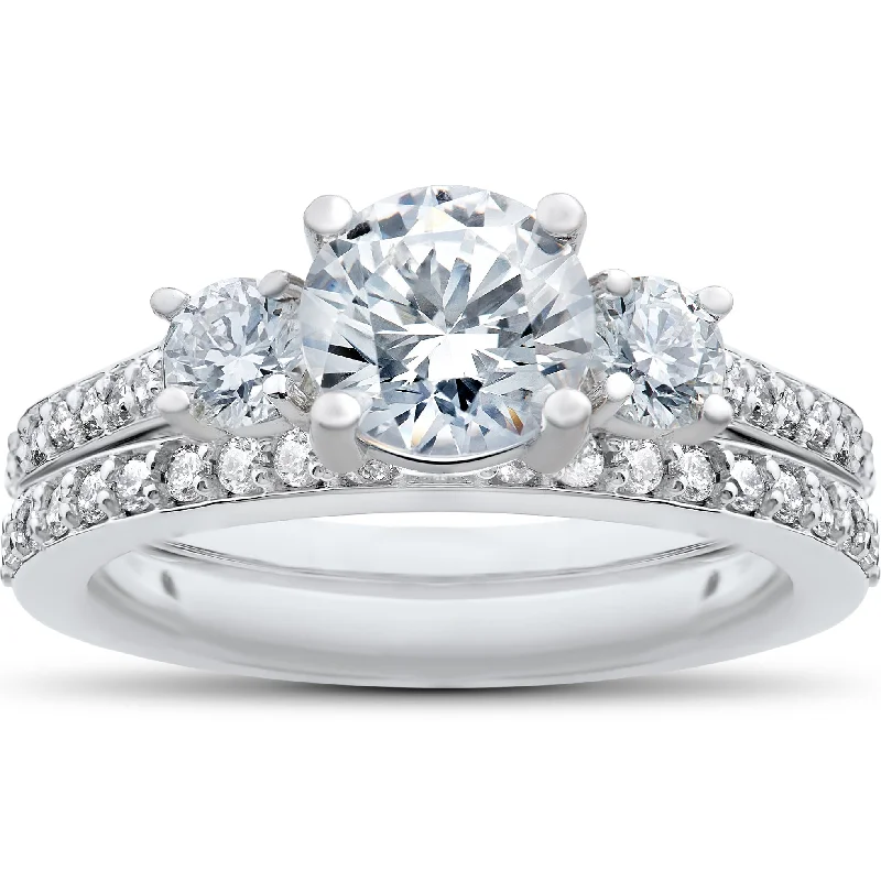 Ladies timeless engagement rings-1 1/4 Ct 3-Stone Lab Created Diamond Engagement Ring Wedding Band 14k White Gold