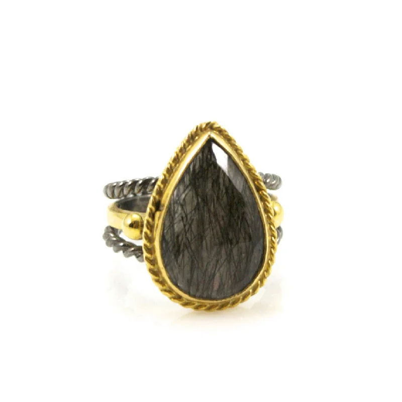 Ladies birthstone rings-Quartz with Black Tourmaline Needles and Sterling Silver Ring