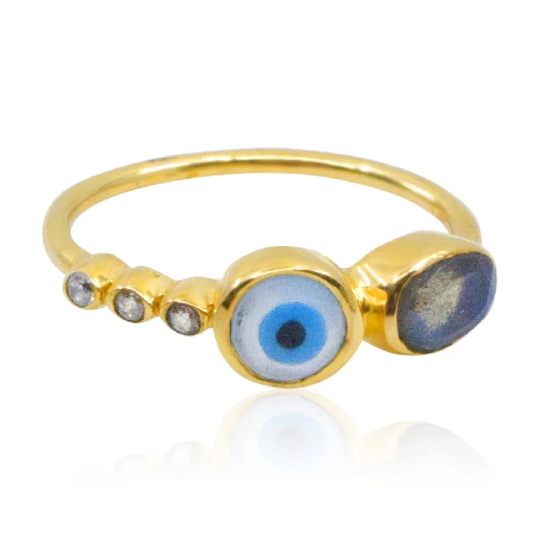 Ladies knot rings-Labradorite and Zirconia Evil Eye Gold Plated Statement Ring- Size 6.5