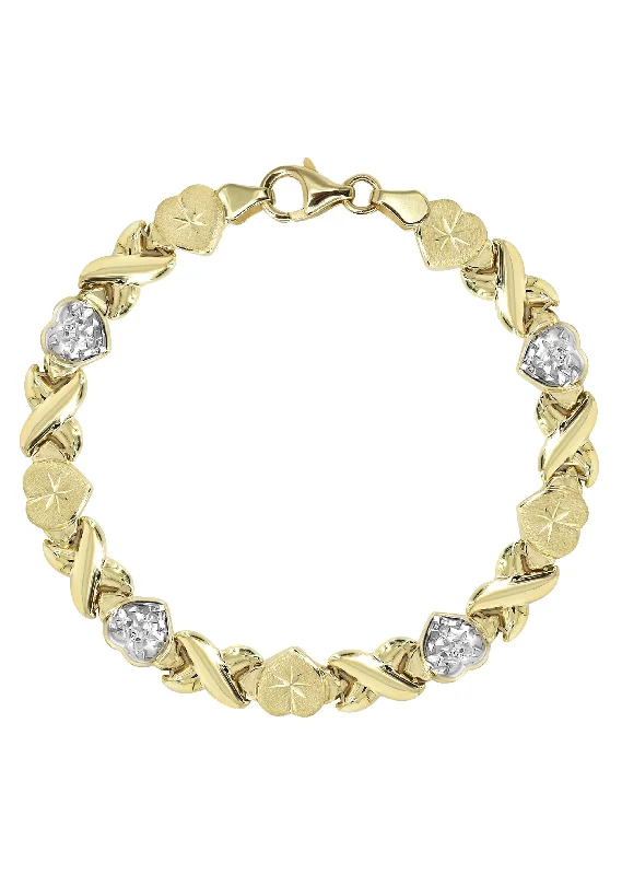 Ladies modern bracelets-YELLOW GOLD "XO HEART" HOLLOW DIAMOND CUT TWO TONE BRACELET FOR WOMEN | APPX 5.5 GRAMS