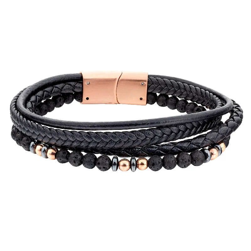 Ladies heart-shaped bangles-Black Leather Four Cord Bracelet with Rose Gold & Black Beads