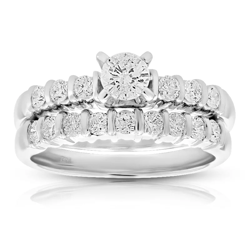 Ladies unique diamond engagement rings-1 cttw Diamond Channel Set Wedding Engagement Ring Set 14K White Gold