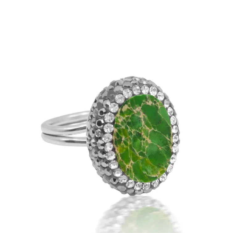 Ladies personalized rings-Semi-Precious Green Jade Cubic Zirconia Adjustable Ring