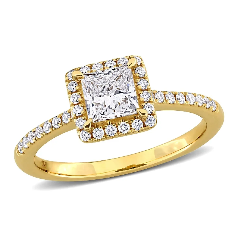 Ladies engagement rings with diamond-Created Forever by Miadora 1ct TW Princess Round-Cut Lab-Grown Diamond Halo Engagement Ring in 14k Yellow Gold