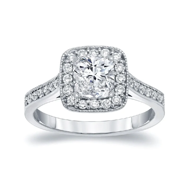 Ladies diamond halo engagement rings-Auriya Platinum 1 1/2ctw Cushion-cut Halo Diamond Engagement Ring Certified