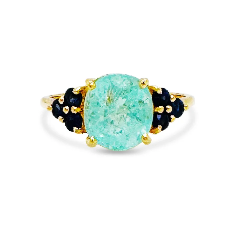 Ladies promise rings-Paraiba Tourmaline Oval & Blue Sapphire Round Ring In 18K Yellow Gold