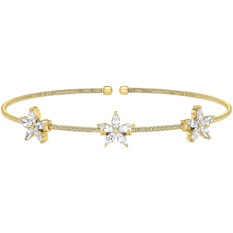 Ladies antique bracelets-Cable Bracelet with Simulated Diamond Flowers