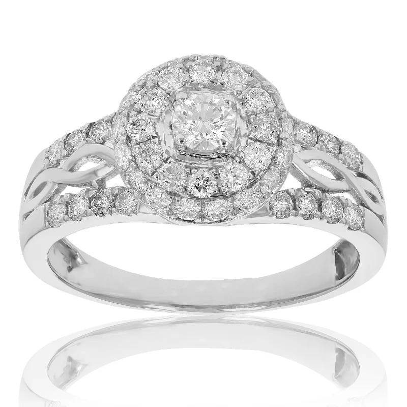 Ladies bridal engagement rings-3/4 cttw Diamond Engagement Ring 14K White Gold Cluster Composite Wedding Ring