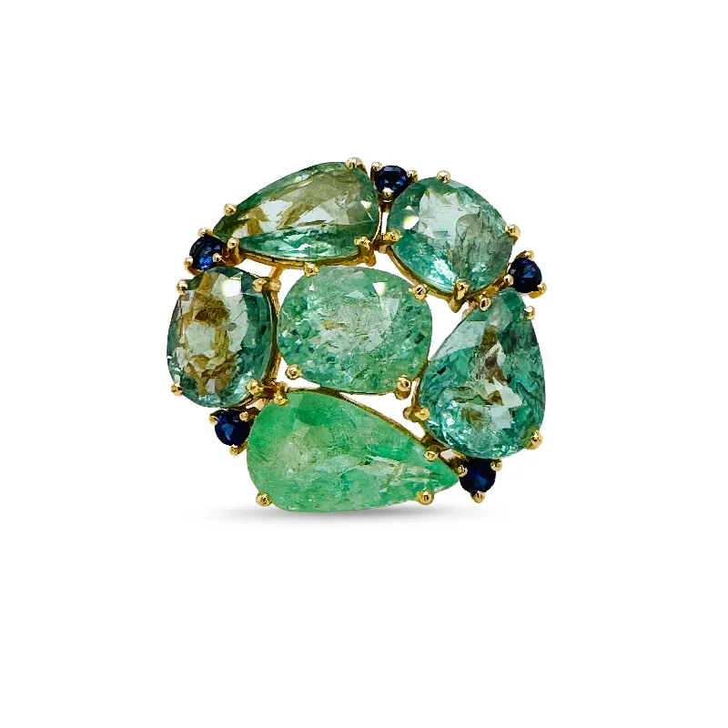 Ladies oval gemstone rings-Paraiba Tourmaline Mix Shape & Blue Sapphire Rd. Ring In 18K Yellow Gold