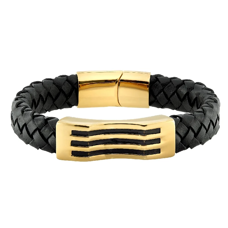 Ladies designer gold bangles-Black Braided Leather Stainless Steel with Gold Bar and Black Lines Bracelet