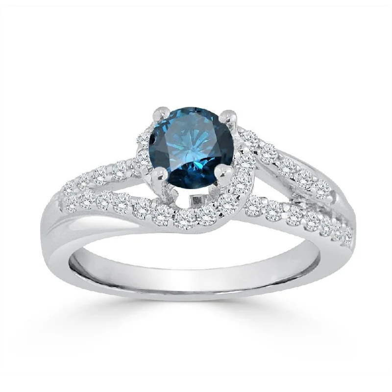 Ladies two-tone engagement rings-Auriya Modern 1ctw Halo Blue Diamond Engagement Ring 14k Gold Split Shank