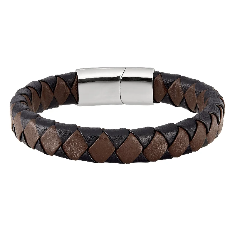 Ladies vintage bangle sets-Black & Brown Braided Leather Stainless Steel Bracelet