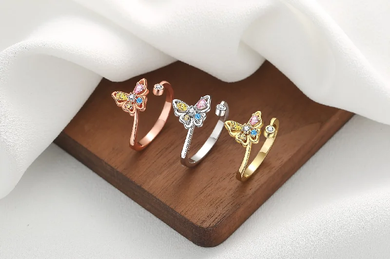 Ladies vintage rings-1 Piece Retro Butterfly Copper Inlay Zircon Open Ring