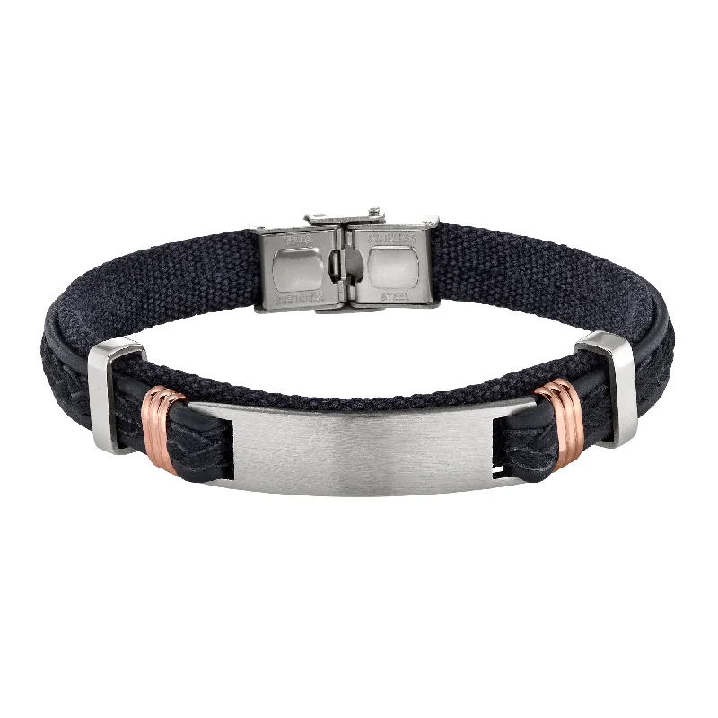 Ladies solid silver bracelets-Black Leather and Fabric Bracelet with Large Cenral Stainless Steel Bar