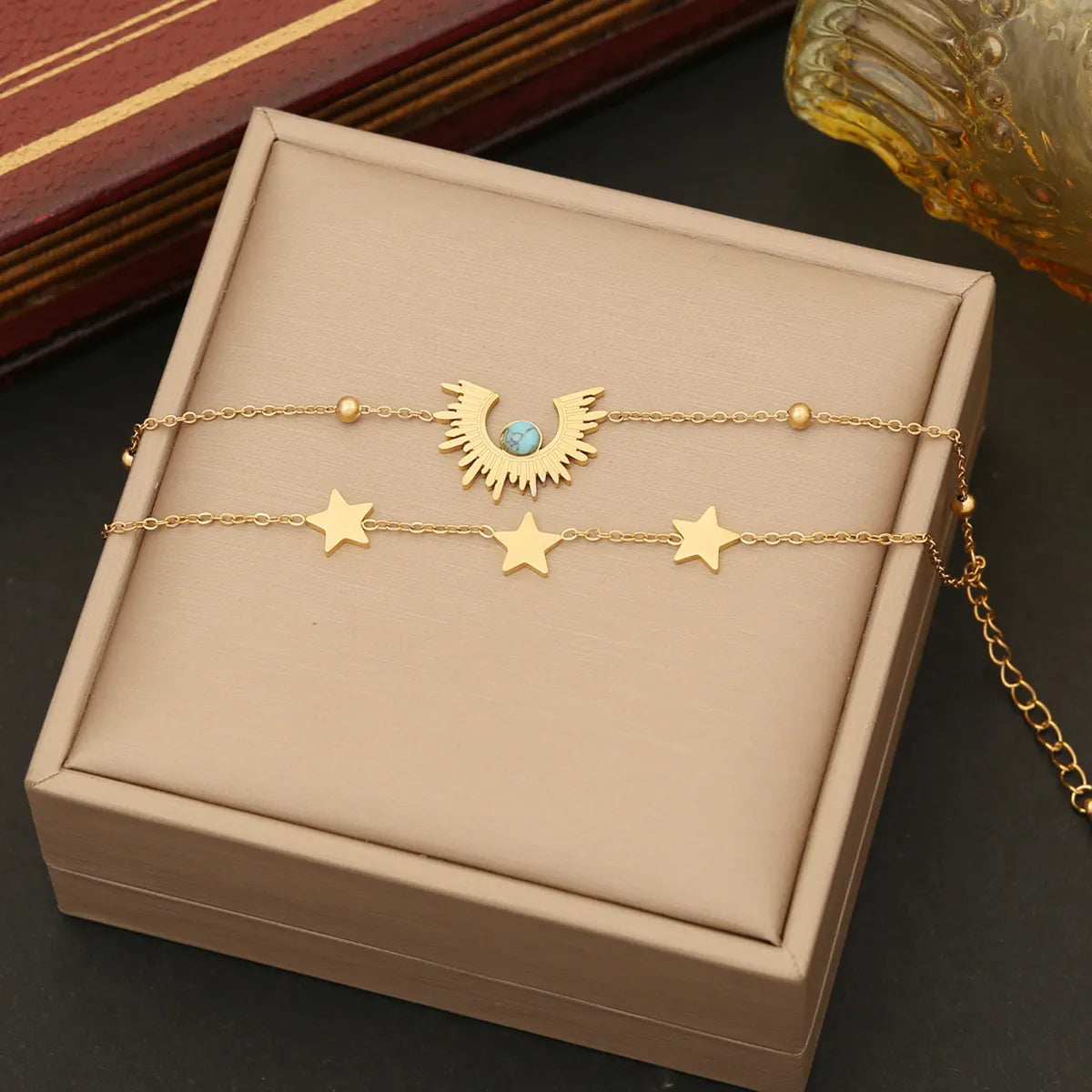 Ladies wedding bangles-Vintage Style Star Titanium Steel Plating Inlay Turquoise 18k Gold Plated Bracelets