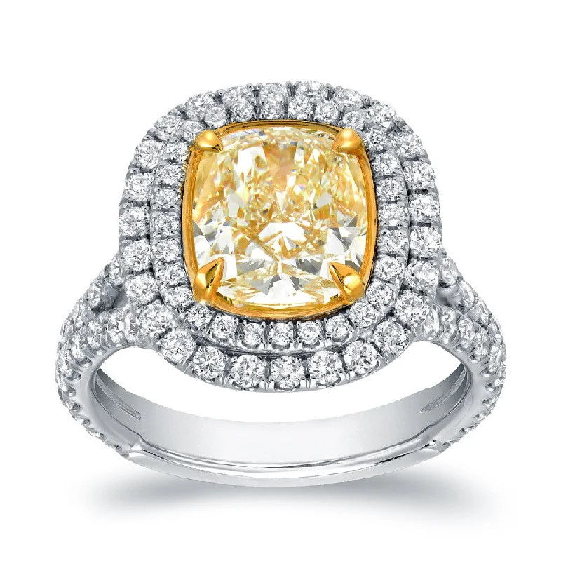 Ladies diamond cluster engagement rings-Auriya 18k Two-tone Gold 4 1/5ctw Halo Cushion-cut Yellow Diamond Engagement Ring Certified H-I, VS1-VS2