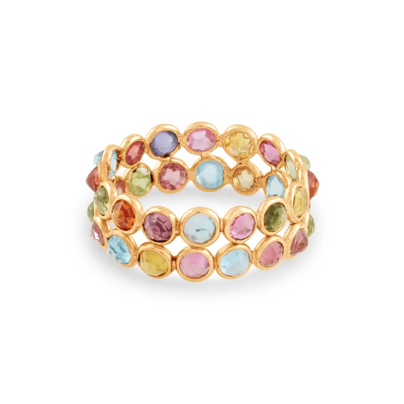 Ladies wedding bands-Multicolor Stone Round Ring In 18K Yellow Gold