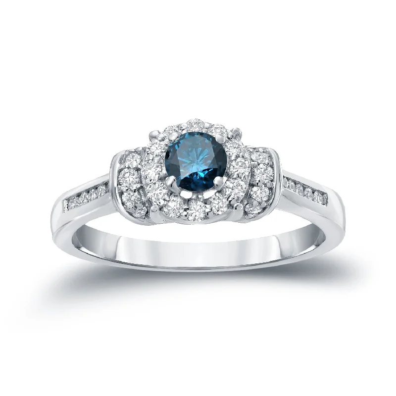 Ladies wedding and engagement ring sets-Auriya 1/2ctw Round Halo Blue Diamond Engagement Ring 14k Gold