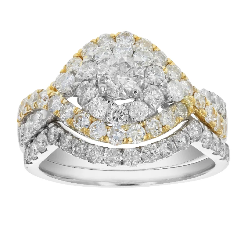 Ladies diamond cluster engagement rings-2 cttw Diamond Wedding Engagement Ring Set 14K Two Tone Gold Multi Row Bridal