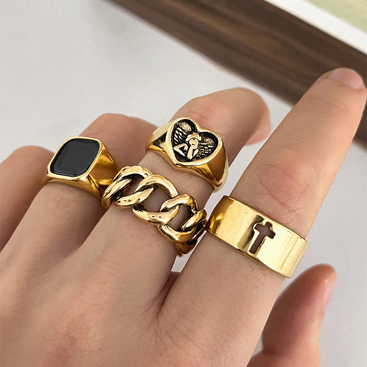 Ladies fashion rings with gemstones-Hip-Hop Cool Style Cross Square Heart Shape Alloy Enamel Hollow Out Unisex Rings