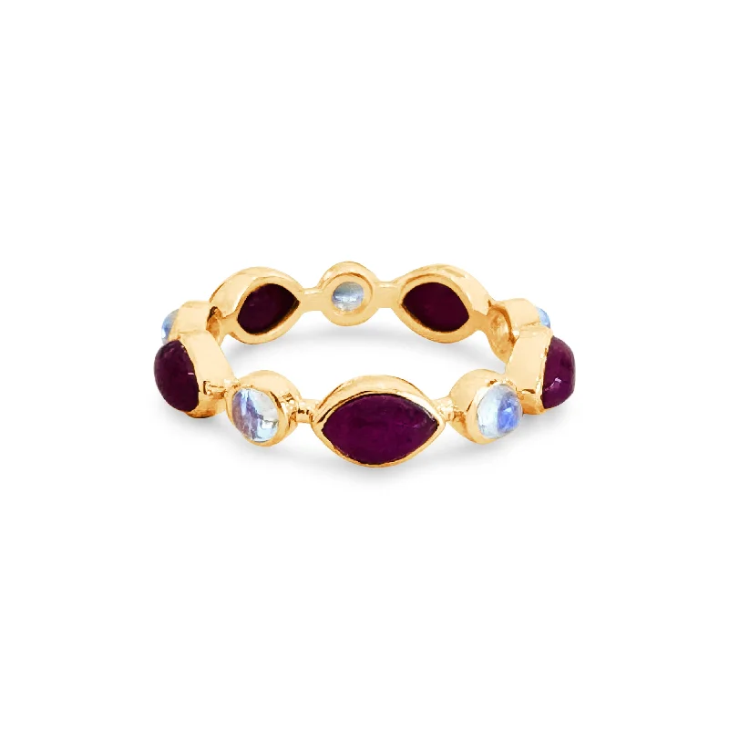 Ladies small delicate rings-Ruby Marques & Rainbow Moonstone Round Ring In 18K Yellow Gold