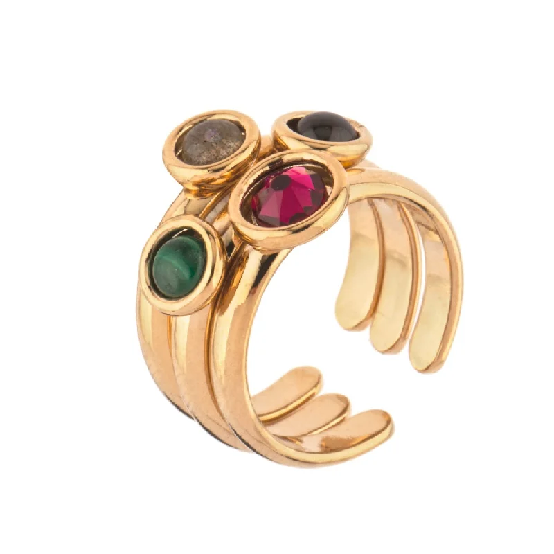 Ladies custom diamond rings-Chic Garnet And Malachite Adjustable Cocktail Ring by Satellite Paris