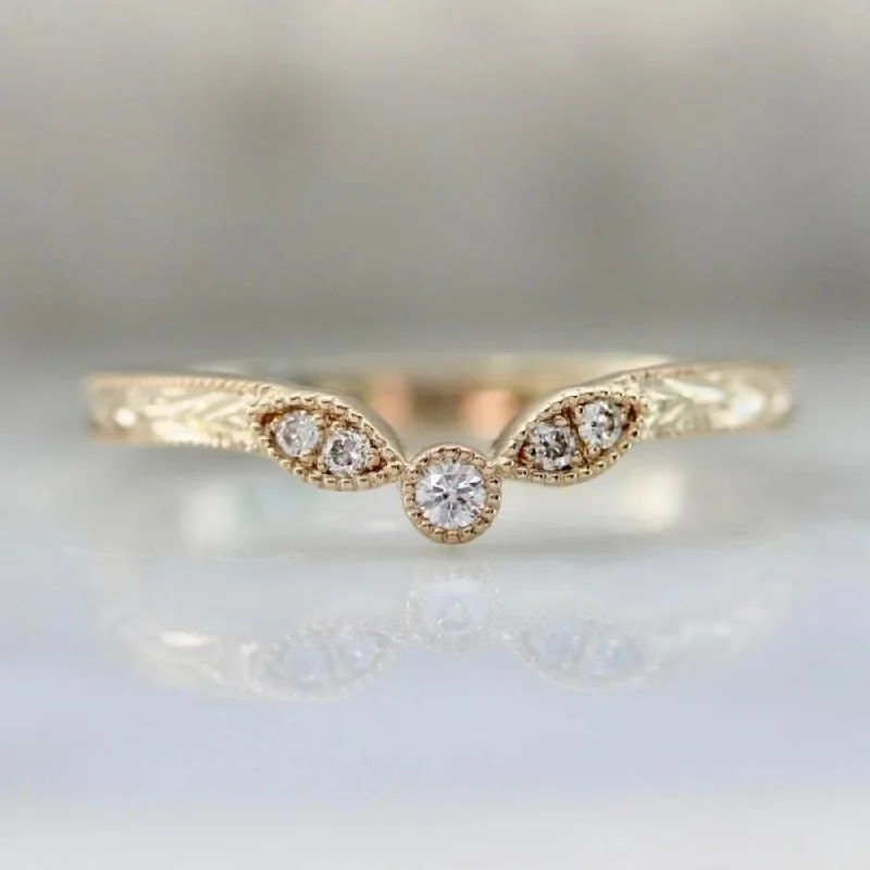 Ladies stackable rings-Short Cake Engraved V Shaped Diamond Band