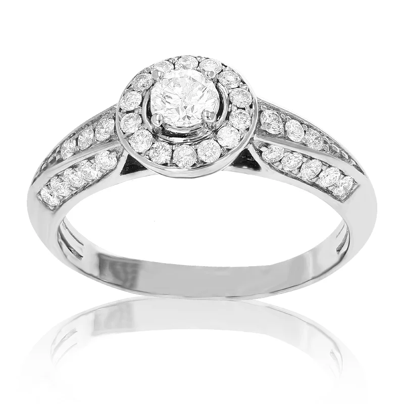 Ladies stylish engagement rings-3/4 cttw Diamond Wedding Engagement Ring 14K White Gold Halo Prong Set Bridal