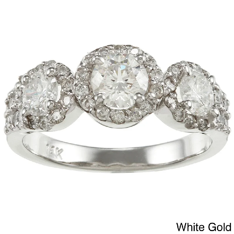 Ladies two-tone engagement rings-Auriya 14k Gold 1 1/5ct TDW Round 3-Stone Diamond Halo Engagement Ring (G-H, I1-I2)