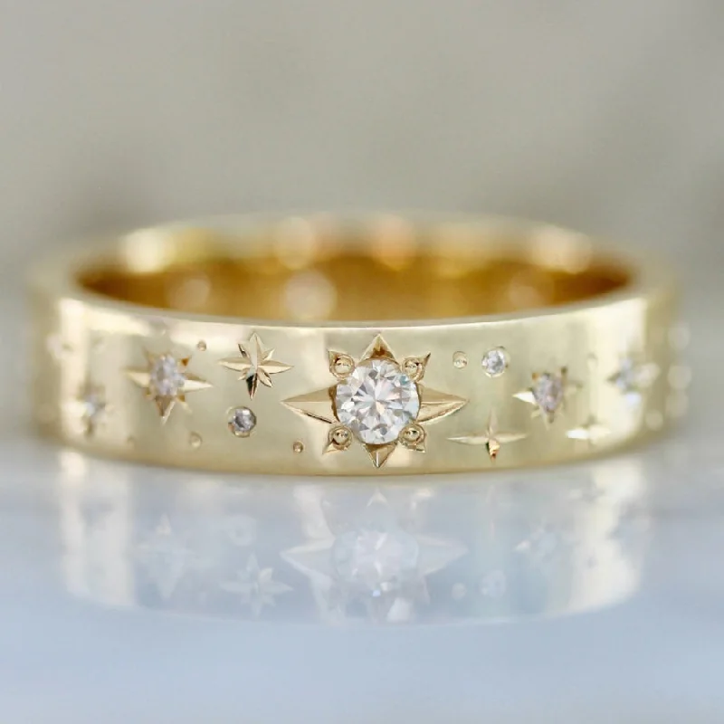 Ladies silver rings-Super Moon Star Engraved Diamond Gold Band