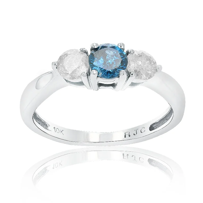 Ladies engagement rings with gold band-1 cttw 3 Stone Blue and White Diamond Engagement Ring in 10K White Gold