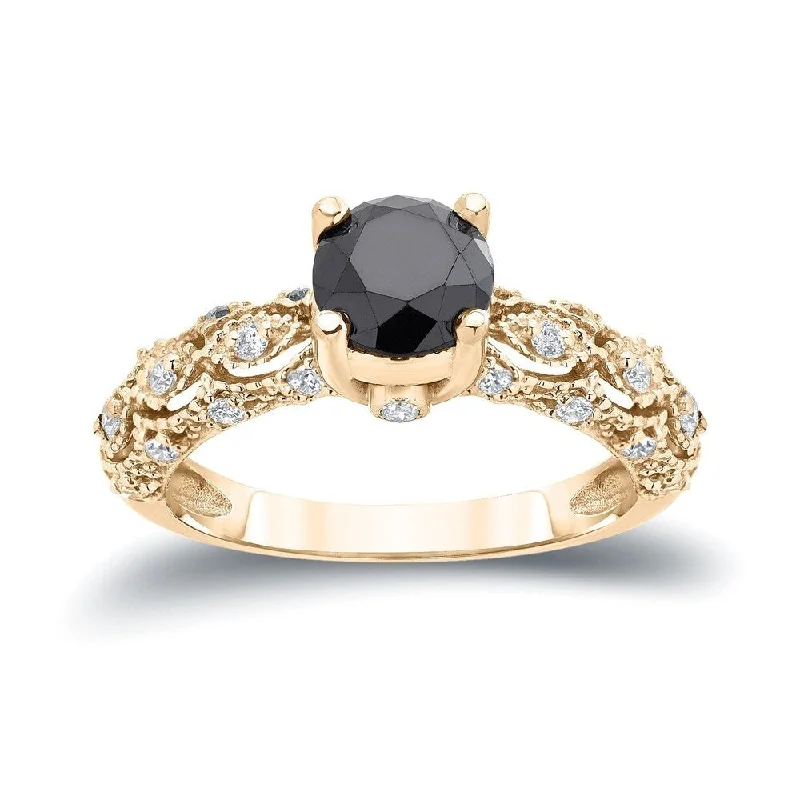 Ladies engagement rings with diamond accents-Auriya Unique Vintage 1 1/4ctw Black Diamond Engagement Ring 14k Gold